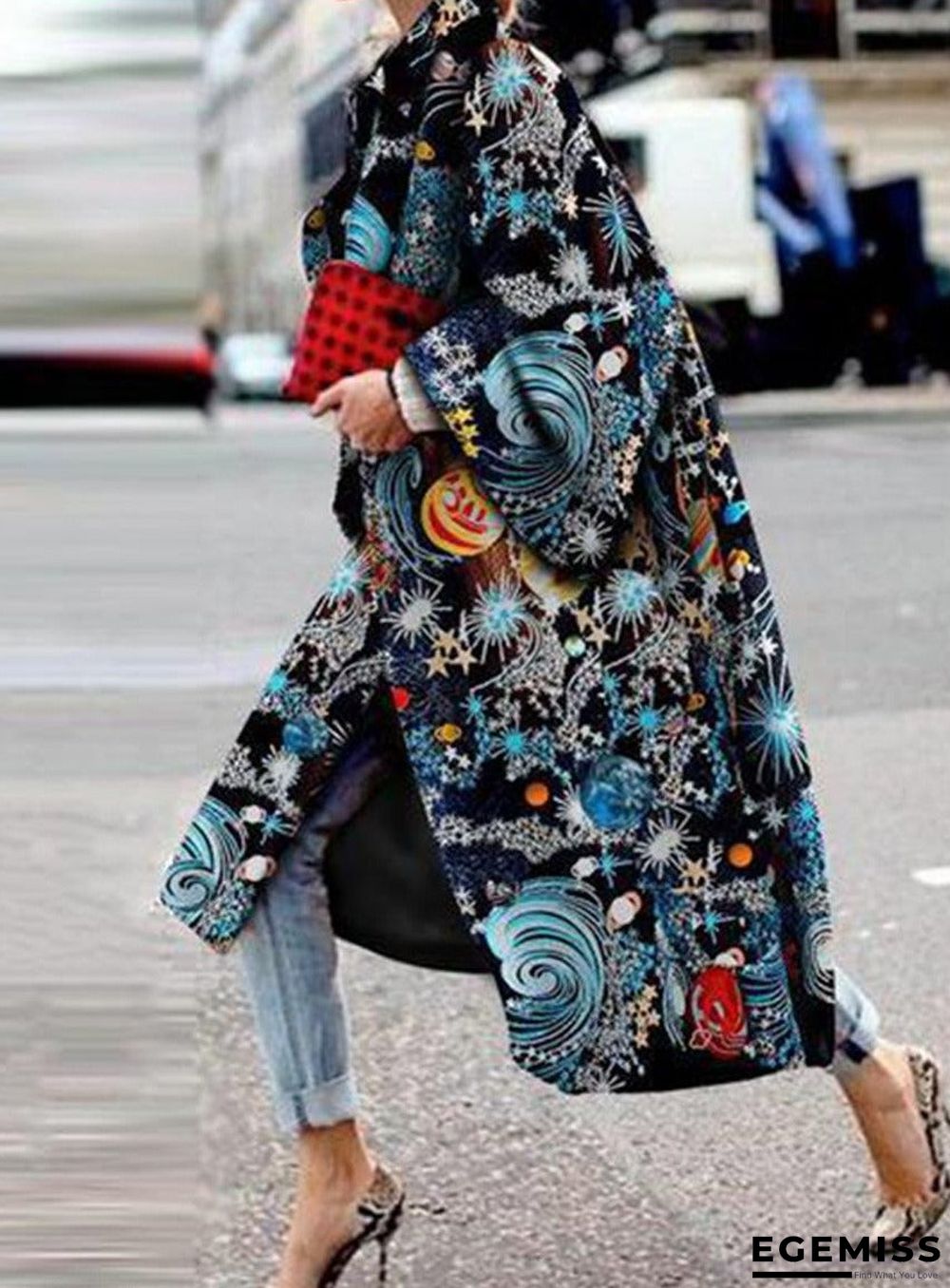 Long Flared Sleeve Printed Loose Coat | EGEMISS
