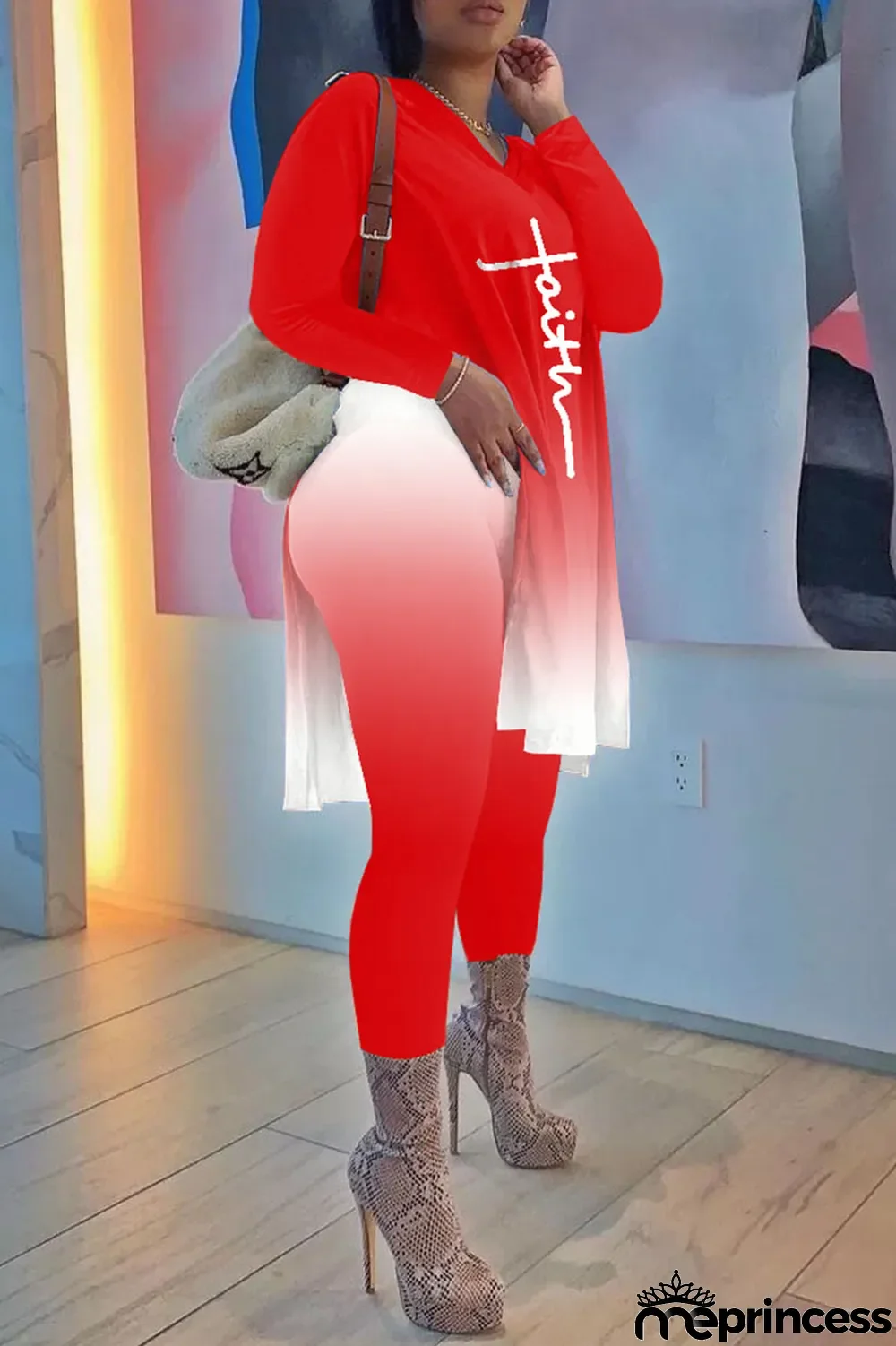 Red Fashion Casual Gradual Change Print Patchwork Slit V Neck Long Sleeve Two Pieces