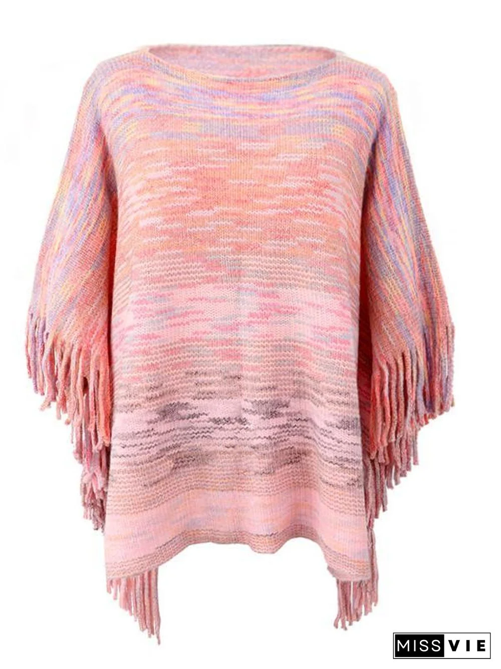 Women's Scoop Neck 3/4 Sleeve Knit Shawl Fringed Hem Striped Sweater Top