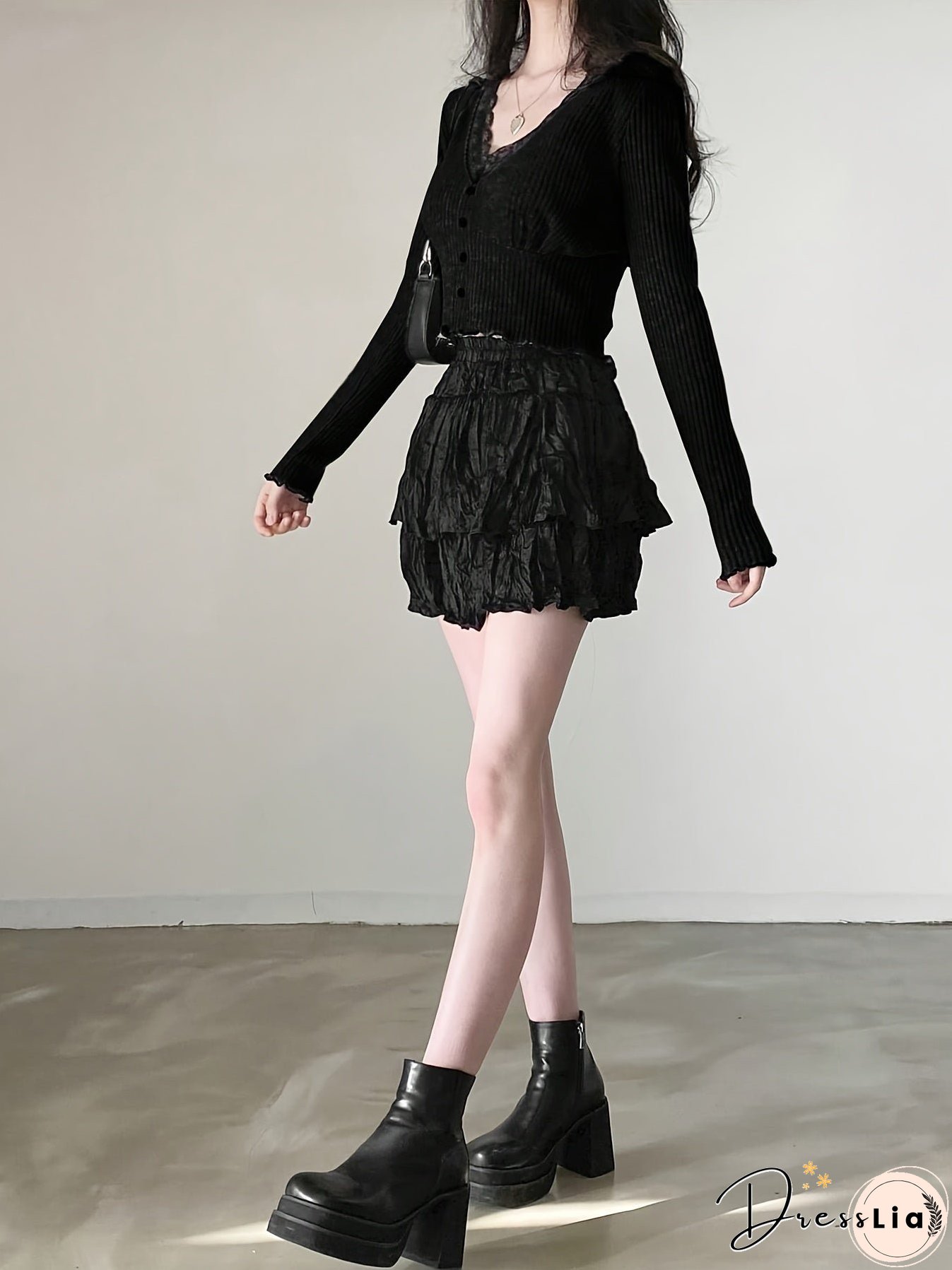 Contrast Lace Trim V-neck Crop Top, Y2K Lettuce Trim Long Sleeve T-shirt, Women's Clothing