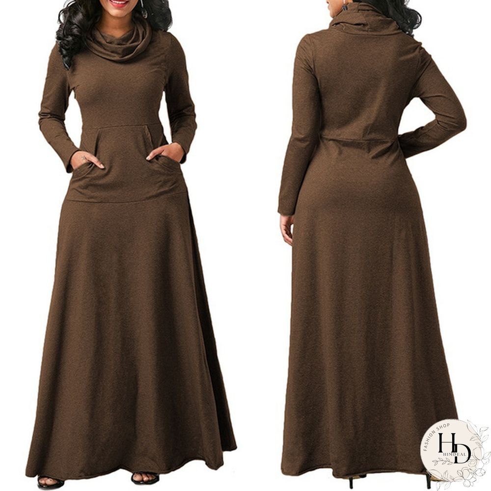 Autumn & Winter Womens Long Sleeve Dress-Pure Colors-Loose Maxi Casual Plus Size S-5Xl