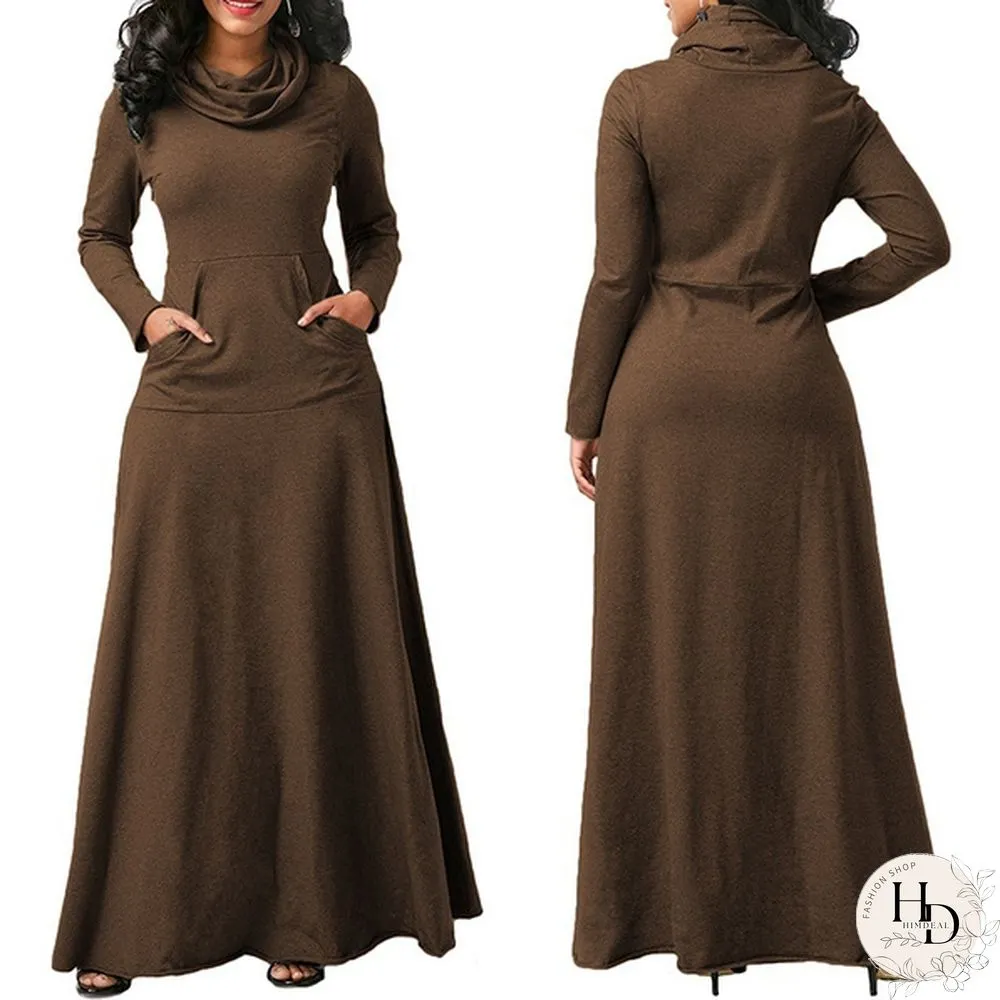 Autumn & Winter Womens Long Sleeve Dress-Pure Colors-Loose Maxi Casual Plus Size S-5Xl