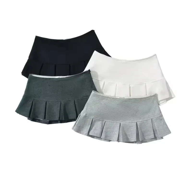 Tlbang Summer 2024 Y2K Gray Side Zipper Pleated Mini Skrit Women Sexy Low Waist Short Skater Skirts
