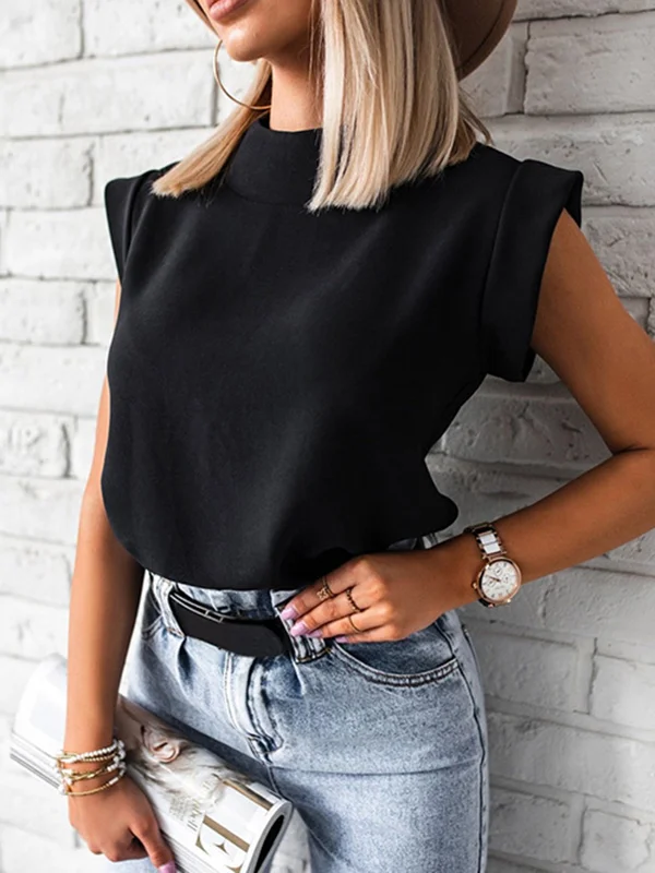 Cap Sleeve Loose Hollow Solid Color Mock Neck T-Shirts Tops