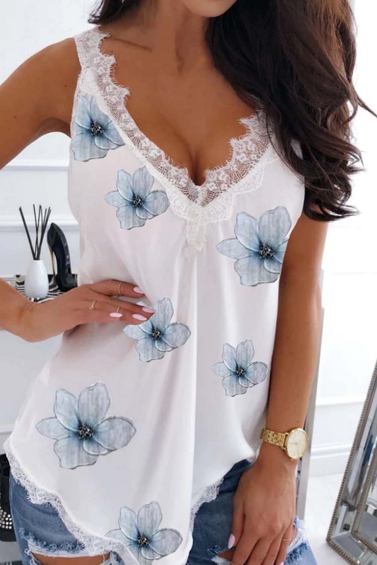 Women's Tank Tops Floral Print Lace Stiching Top
