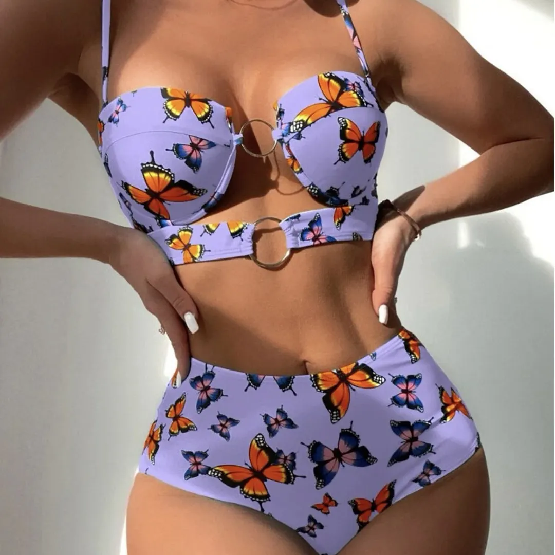 Brownm 2022 Hard Cup Hollow Hollow Split High-Waist Swimsuit Bikini Bikini