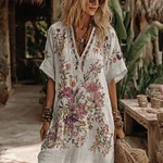 Women's Floral Embroidery Art V Neck Comfy Midi Dress - Image 3