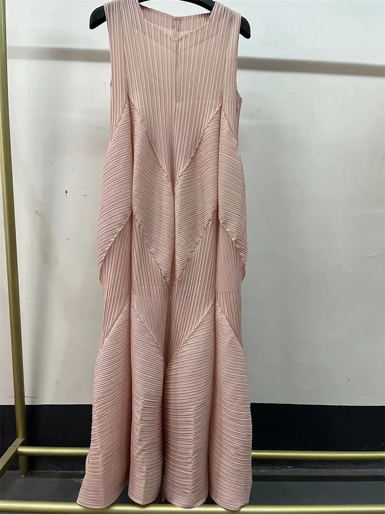 Zipper Split-Joint Solid Color Pleated Sleeveless Loose V-neck Midi Dresses
