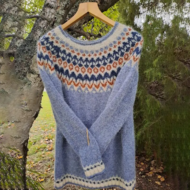 Vintage Icelandic Light Blue Knit Jacquard Warmth Crew Neck Sweater（Unisex）
