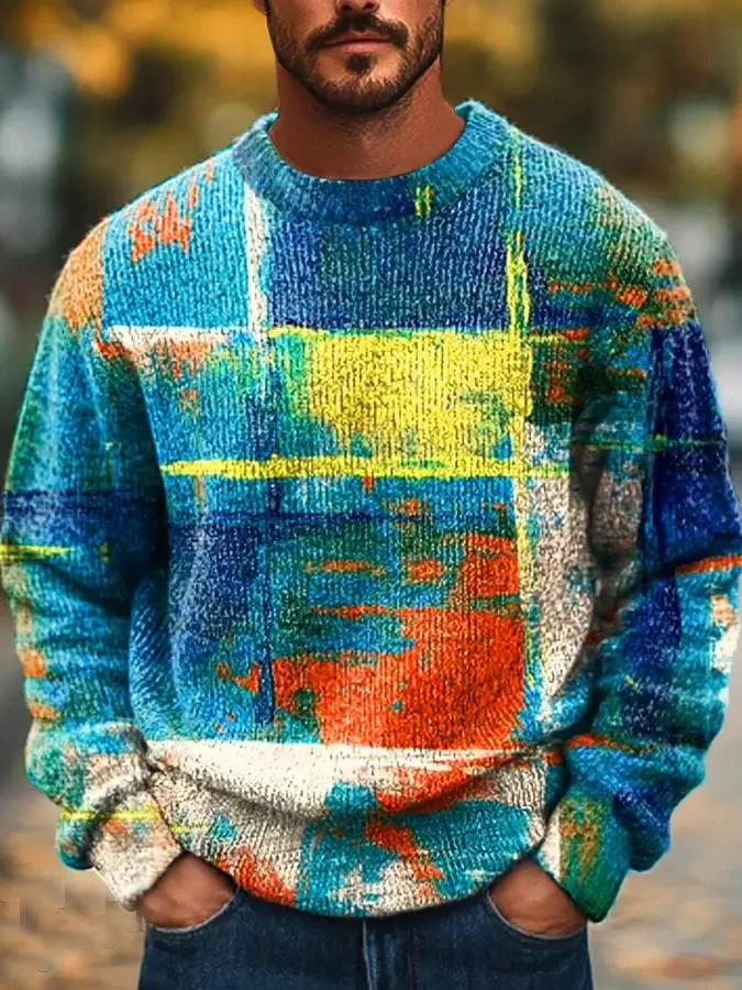 Gentleman's Vintage Multicolor Abstract Gradient Art Printed Knit Crew Neck Pullover