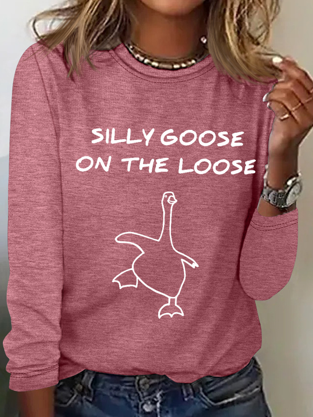 Women's Funny Word Silly Goose On The Loose Simple Cotton-Blend Long Sleeve Shirt socialshop