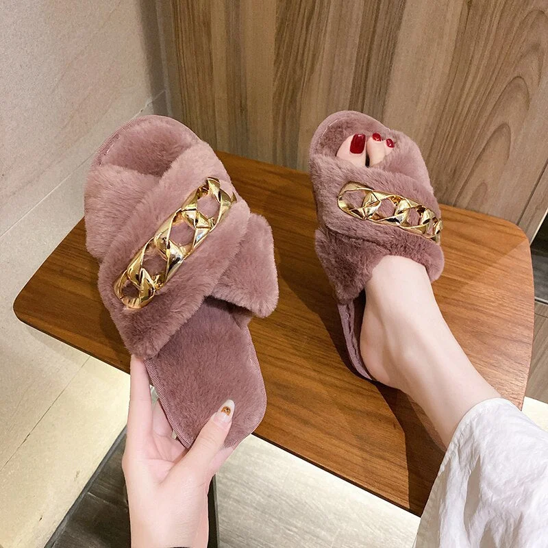 Indoor Women Fur Slippers Fluffy Soft Furry Slides Thick Flats Heel Non Slip House Shoes Ladies Luxury Chain Design Footwear