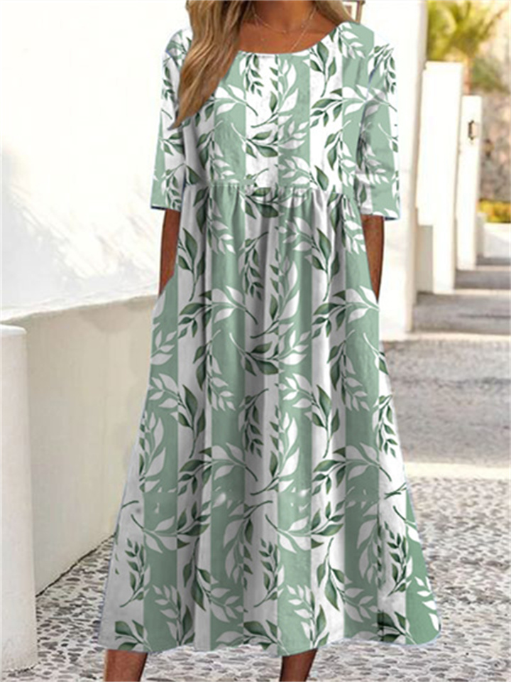 Summer New Women's Casual Round Neck Pockets Short-sleeved Printed Dresses Floral Pencil Skirt Dresses-JRSEE