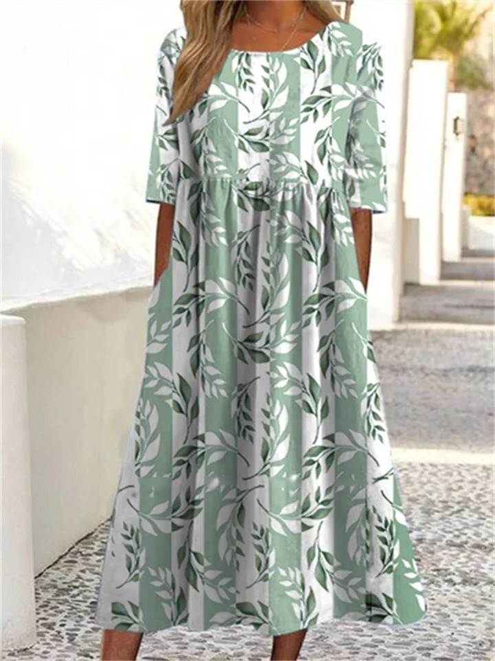 Summer New Women's Casual Round Neck Pockets Short-sleeved Printed Dresses Floral Pencil Skirt Dresses-JRSEE