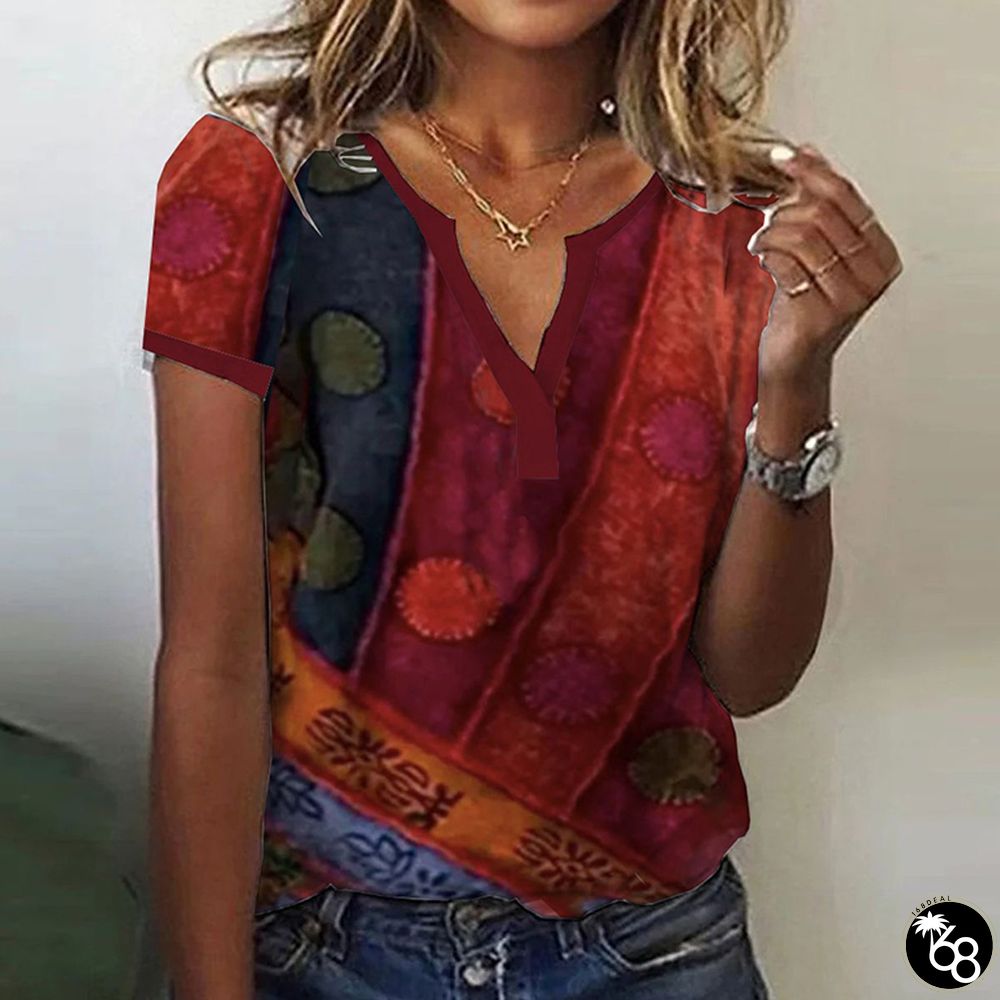 Retro Short Sleeve V-Neck Top | 168DEAL