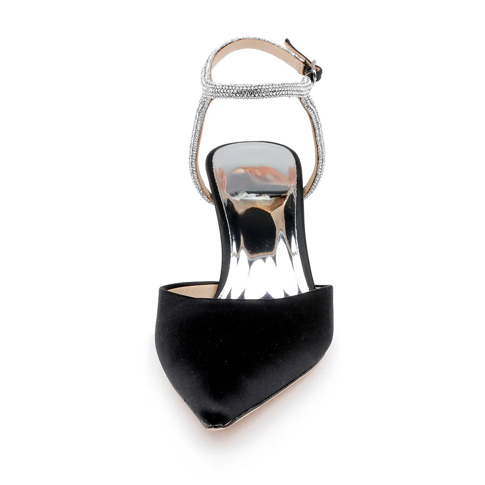 Pointed Toe Stiletto Heel Ankle Strap Black Pumps with Rhinestone