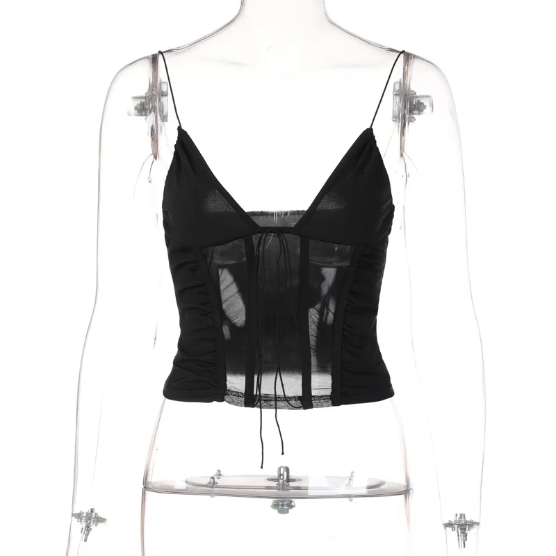 Sexy V-Neck Stitching See-Through Backless Strap Tube Top European And American Women's Clothing New Spring And Summer Fashion