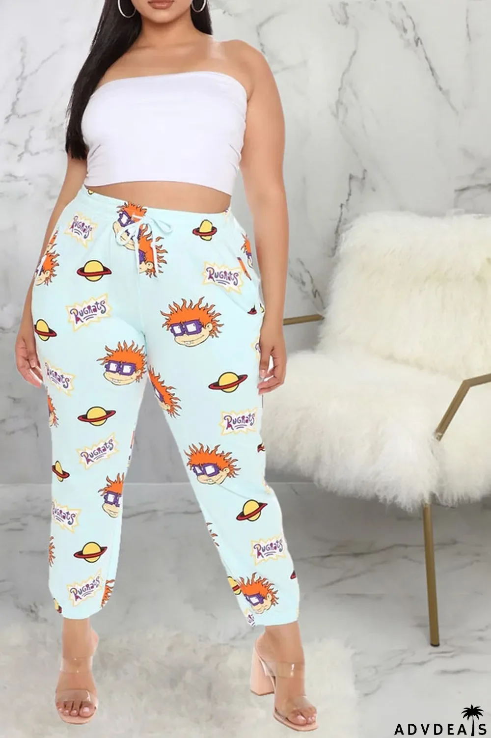 Light Blue Cotton Drawstring Mid Print Character Straight Pants Bottoms