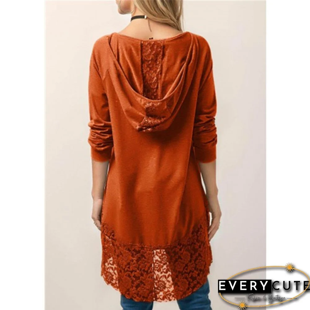 Women Fashion Solid Color Hoodies Long Sleeved T-shirt Autumn Lace Hooded Sweater Plus Size