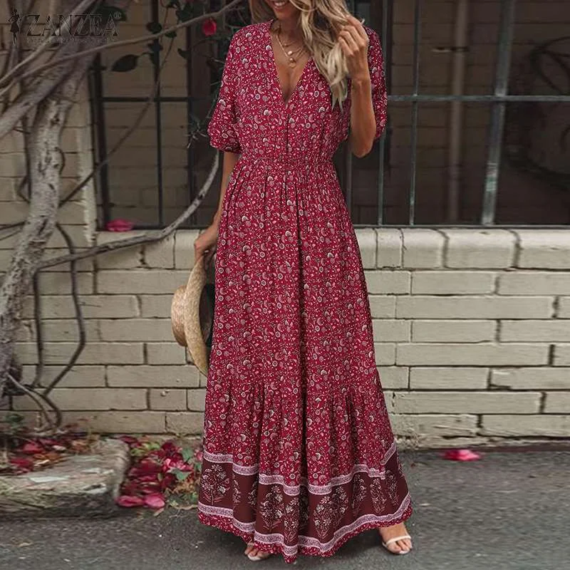 Women Bohemian Holiday Sundress ZANZEA Summer Floral Printed Beach Dress Robe Femme V Neck Short Sleeve Maxi Long Vestido Kaftan