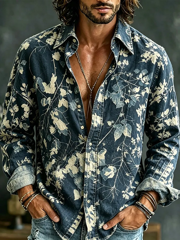 Men's Vintage Plant-dyed Printed Cotton-linen Blend Long-sleeved Shirt  artssus