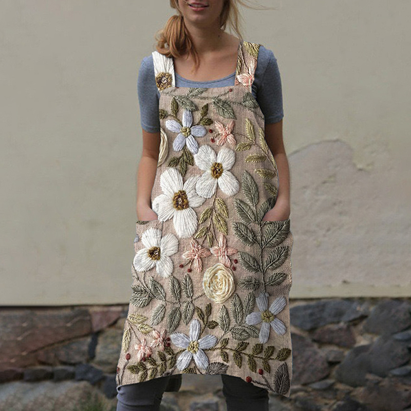 Casual Embroidered Botanical Floral Print Pocket Apron Linen Midi Dress