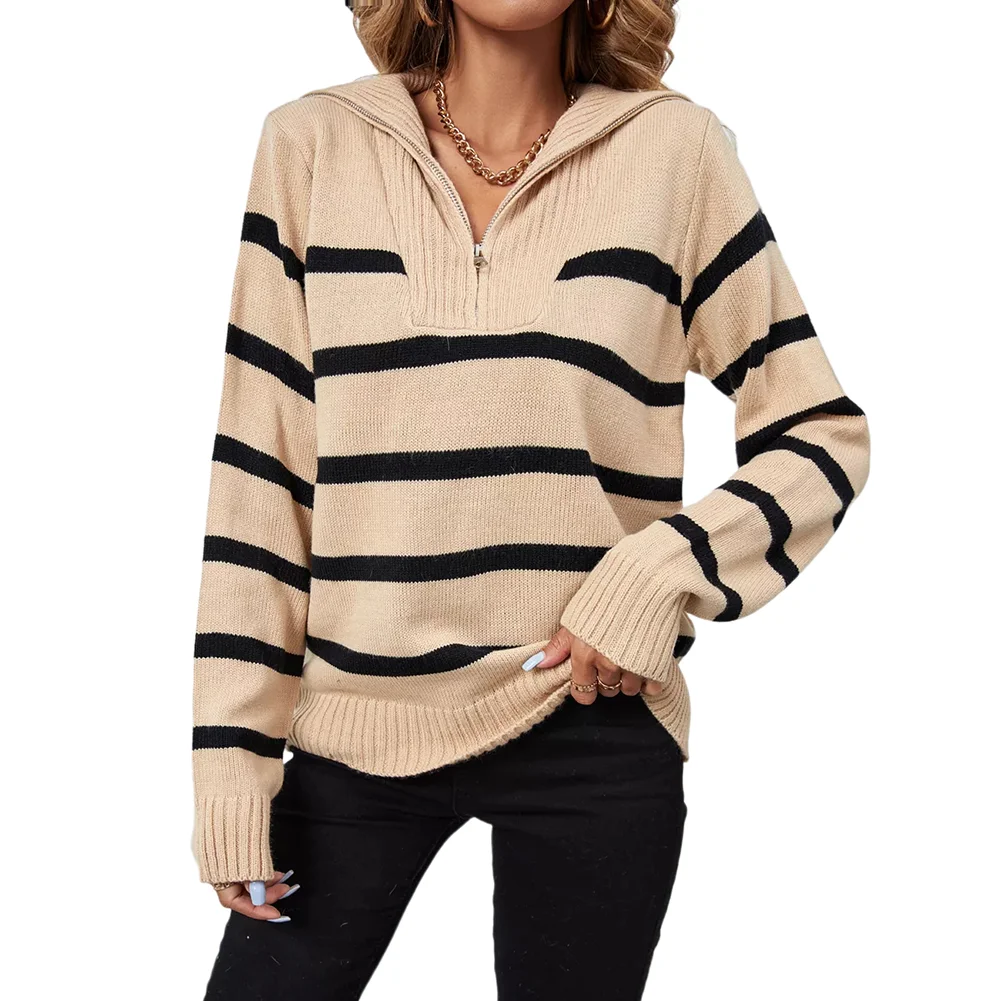 Khaki Zip-up Stripe Print Knit Pullover Sweater