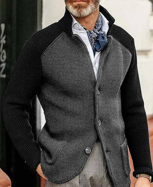 Okaywear Patchwork Stand Collar Buttons Pockets Rib Knit Sweater Cardigan