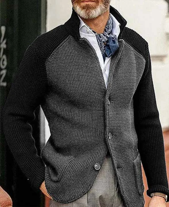Okaywear Patchwork Stand Collar Buttons Pockets Rib Knit Sweater Cardigan 
