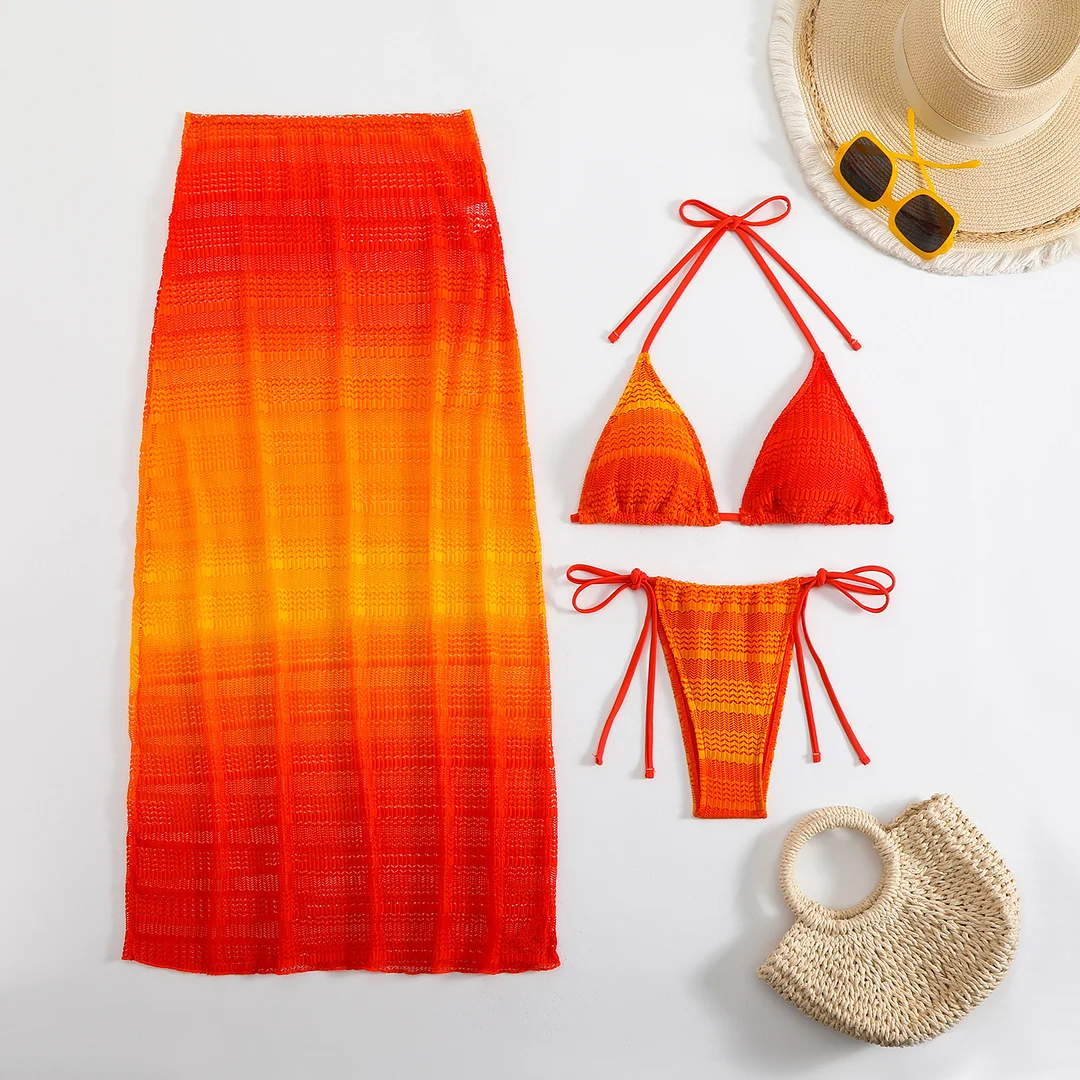 Uveng 2025 New Gradient Mesh Three-Piece Beach Dress Sexy Bikini