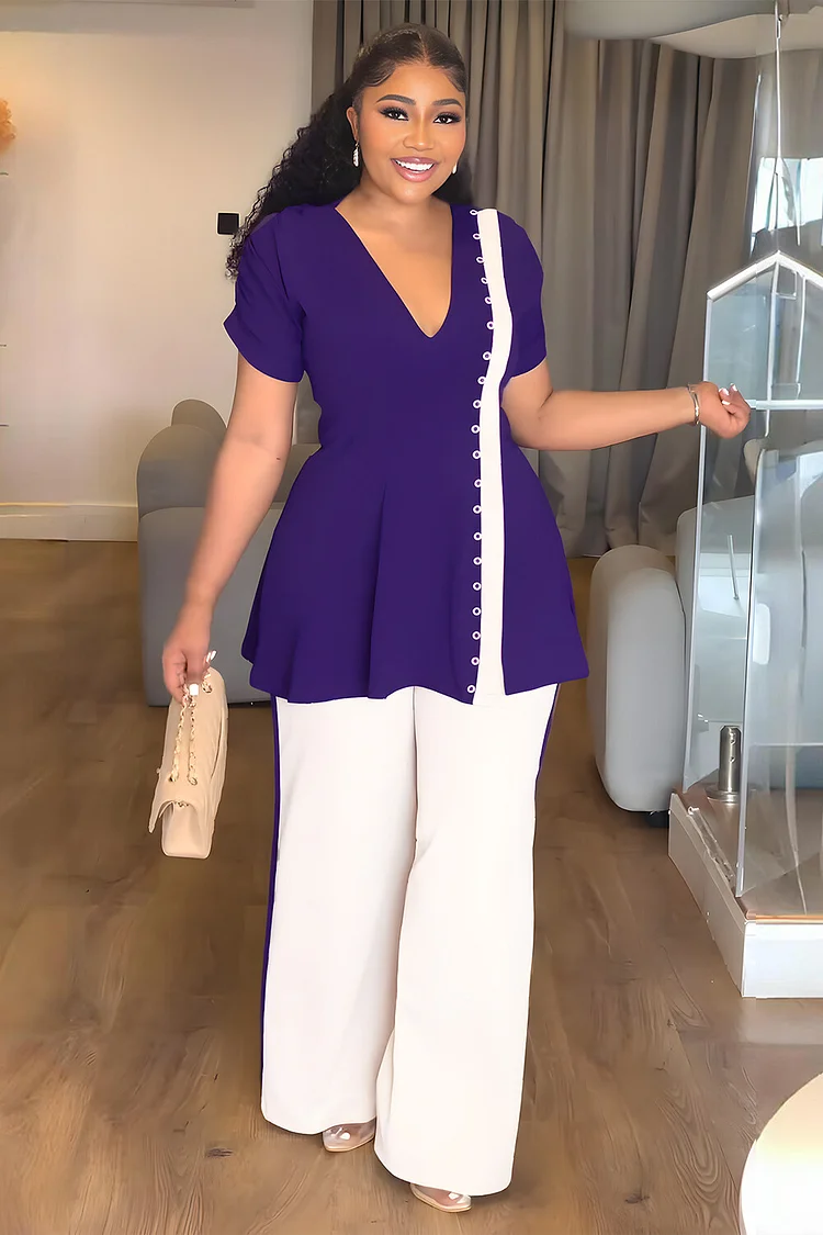 V Neck Buttons Decor Cinch Waist Top Wide Leg Pants Colorblock 2pcs Set-Purple