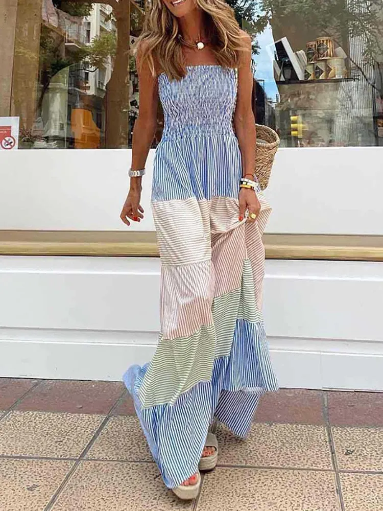 Women Vintage Long Sleeve Patchwork Pleated Dresses Ladies Sexy Slash Neck Loose Party Dress Summer Casual Female Dress Vestidos