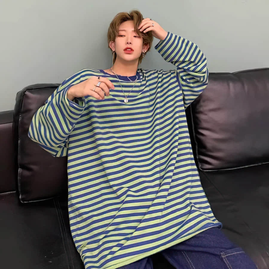 NiceMix Harajuku Unisex T-shirt Men Stripe Tops Loose Long Sleeve TShirt Women Streetwear Pull Femme Jersey