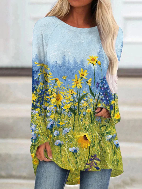 Women's Floral Gradient Printed Scoop Neck Long Sleeve Top