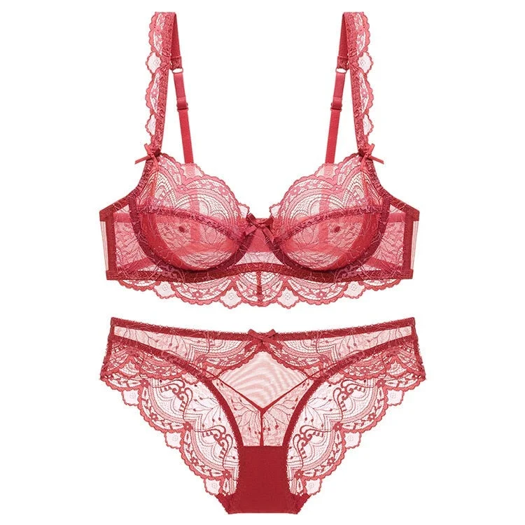 CINOON New Plus Size Bra Set Push Up Bras and Panty Set Embroidery Underwire Lingerie Set Ultrathin Underwear Set Sexy Lace Bra