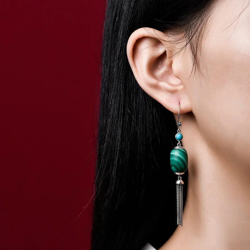 S925 Silver Malachite Tassel Retro Ethnic Earrings