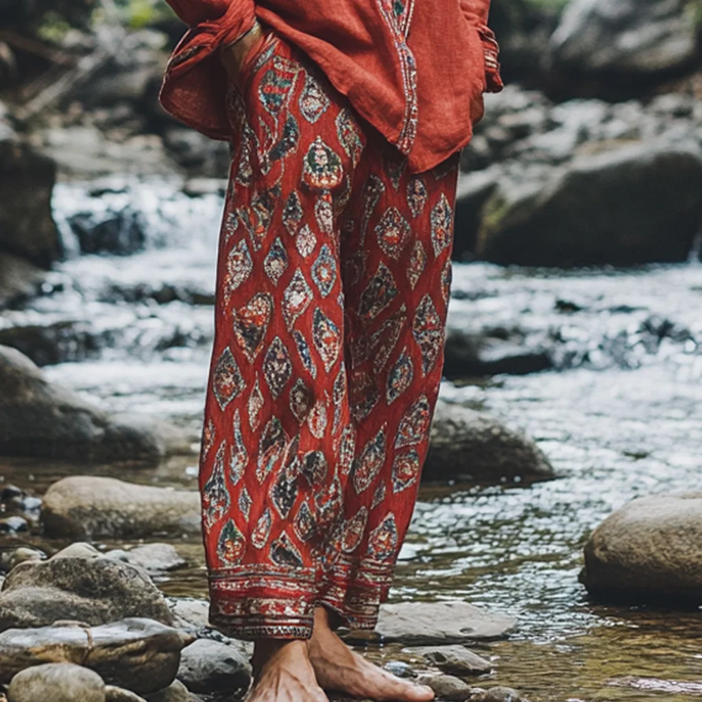 Men's Bohemian Holiday Style Vintage Ethnic Totem Print Cotton And Linen Casual Pants-inspireuse