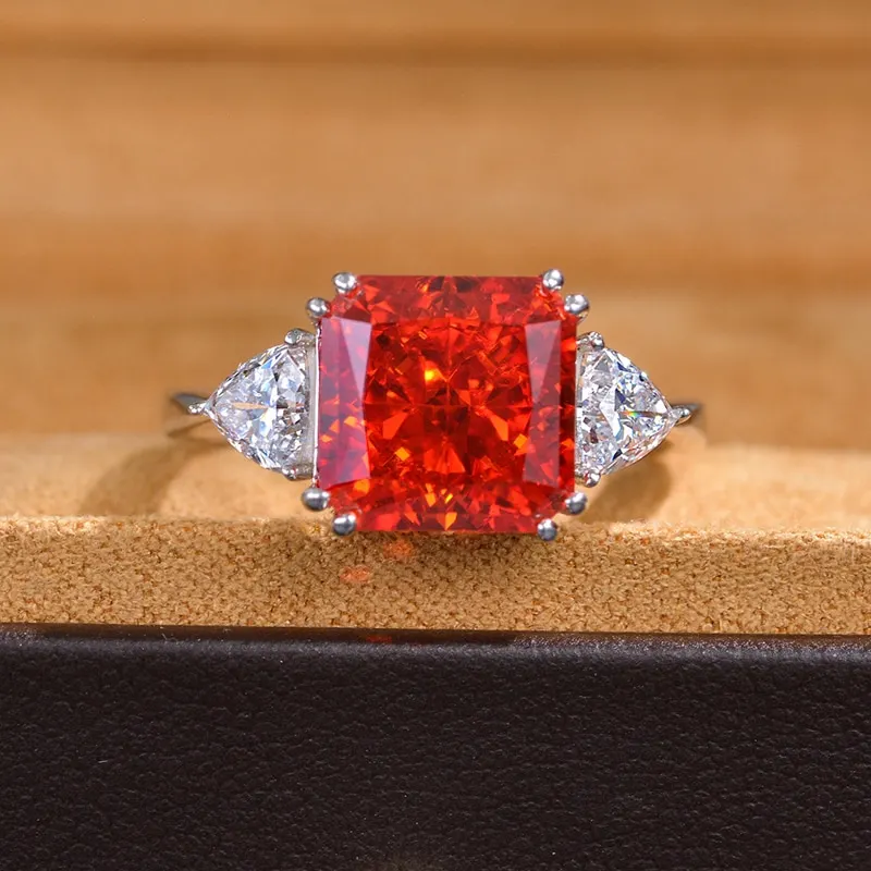 100% 925 Sterling Silver 10*10mm Pink Yellow Aquamarine High Carbon Diamond Rings For Women Sparkling Wedding Fine Jewelry