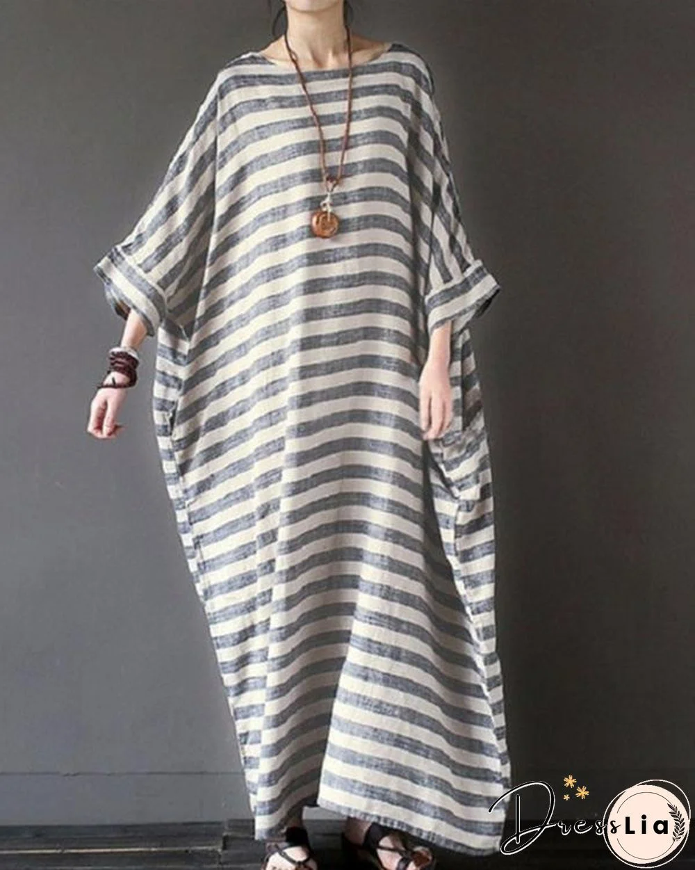 Women Casual Striped Linen Crew Neck Plus Size Dress