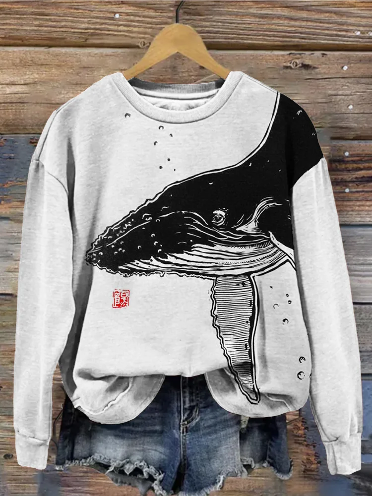 Whale Japanese Lino Art Graphic Crew Neck Comfy Sweatshirt