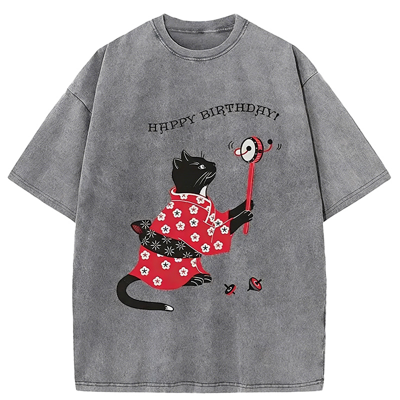 Birthday Cat Washed T-shirt artswardrobe