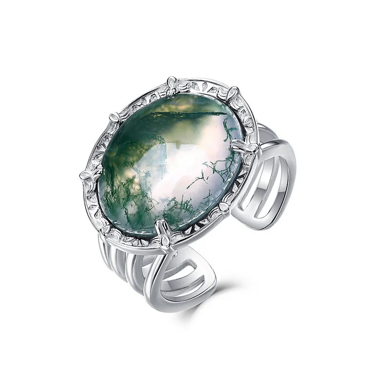 Green Moss Agate Oval Cut Engagement Ring
