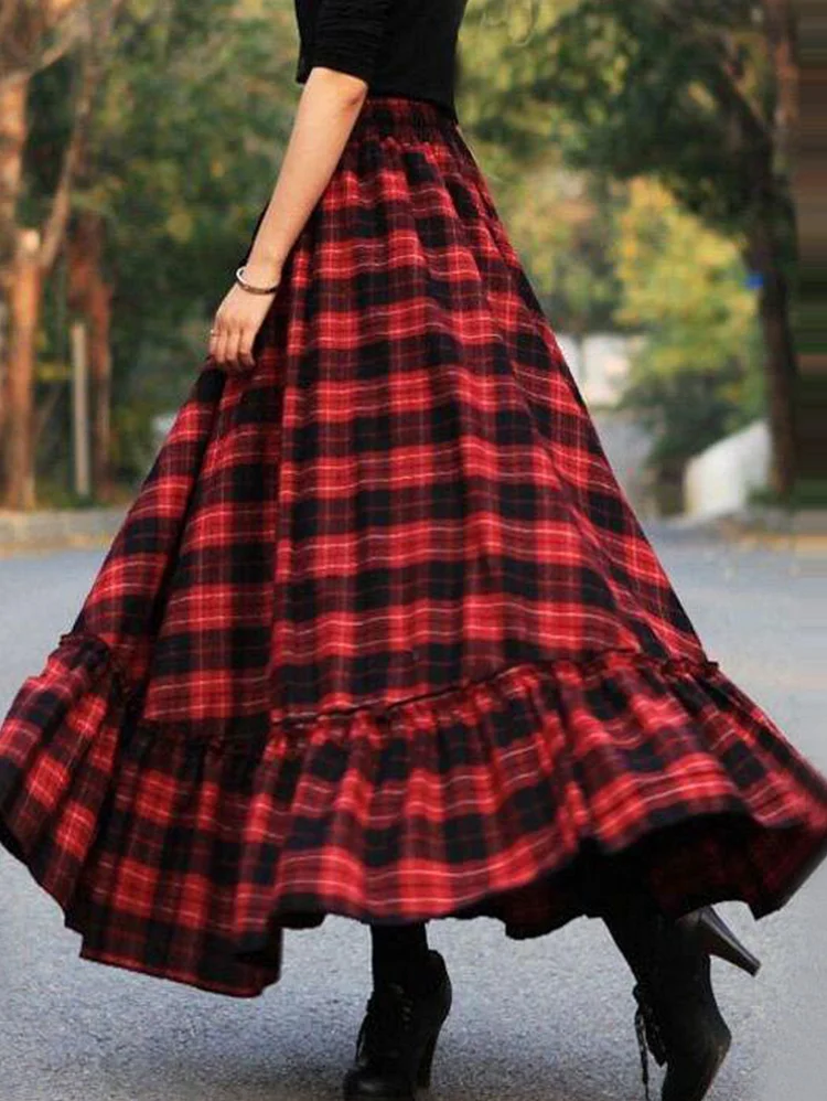 Christmas Plaid Elastic Waist Drawstring Tiered Midi Skirt
