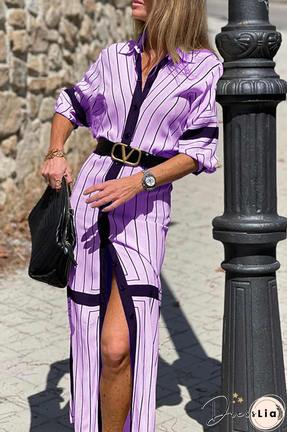 Casual Striped Split Joint Turndown Collar Straight Dresses