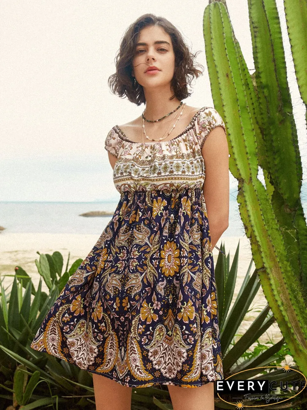 Selfsow Flower Paisley Print Off Shoulder Tie Back Bohemian Mini Dress