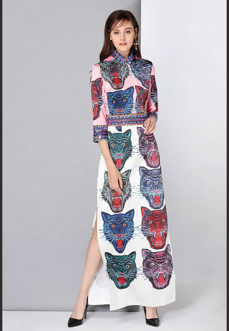 New Arrival Womens Stand Collar Sleeves Beaded Cartoons Printed Side Split Designer