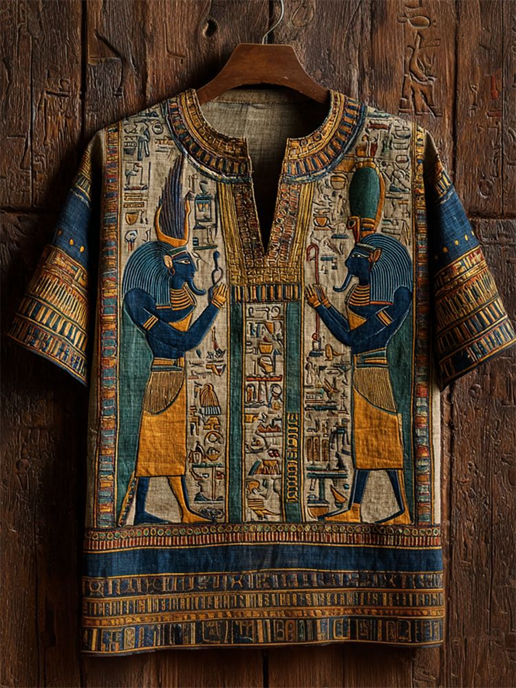 Ankh Ancient Egyptian Gods & Runes Embroidered Linen Shirt
