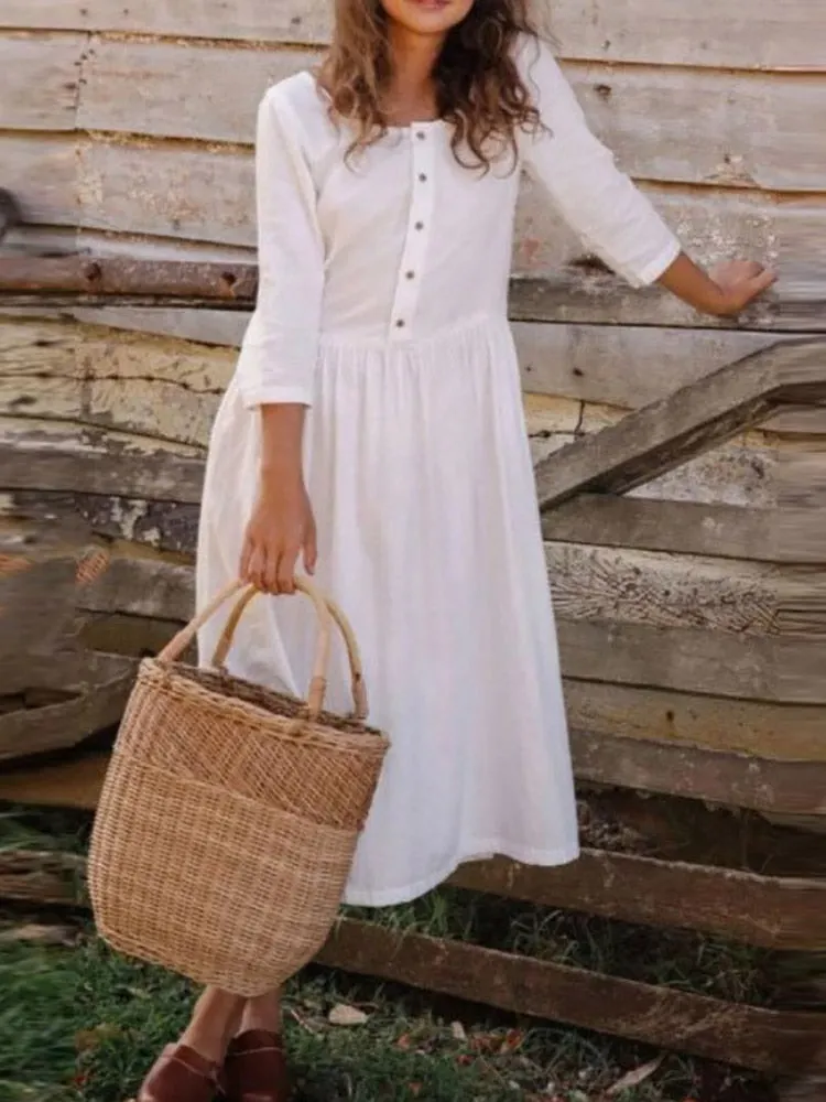 2022 Spring Summer Women Solid Cotton Linen Casual Dress Elegant Buttons O Neck Three Quarter Sleeve Ladies Sundress Beach Style