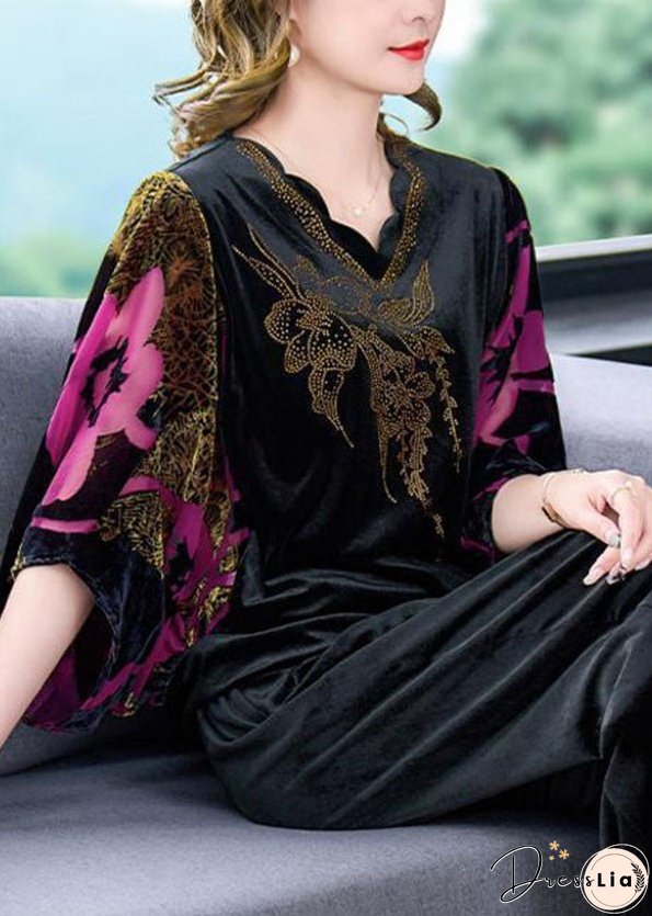 Rose Print Silk Velour Tops And Pants Two Pieces Set V Neck Batwing Sleeve