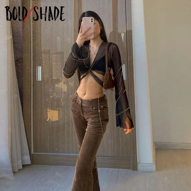 Bold Shade Transparent Sexy V-neck T Shirt Long Sleeve Mesh Indie Soft Grunge Fashion Bandage Crop Tops 90s Vintage Clothes Hot